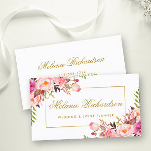 Cartão De Visita Moldura Dourada e Floral Cor de Água Elegante