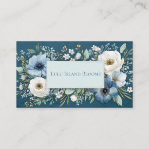 Cartão De Visita Moldura Dourada Floral Aquarela Azul Safira