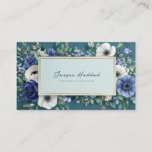 Cartão De Visita Moldura Dourada Floral Azul Teal Profundo Aquarela