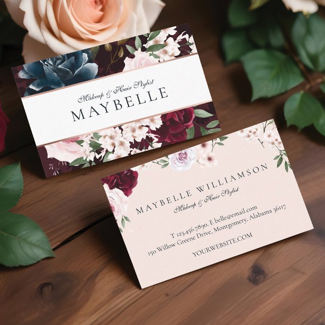 Cartão De Visita Moldura Floral Elegante para Borgonha e Marinho (Elegant Burgundy & Navy Watercolor Floral Frame Business Card)