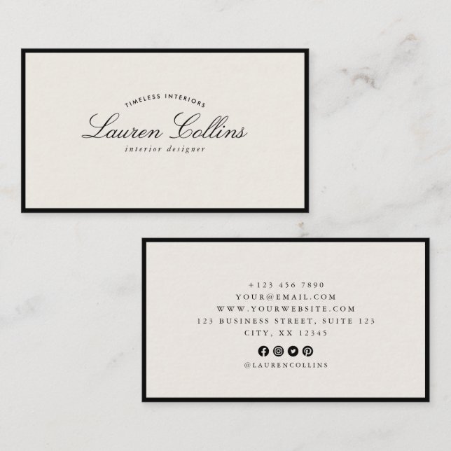 Cartão De Visita Moldura Preta Moderna com Ícones de Mídia Social (Frente/Verso)