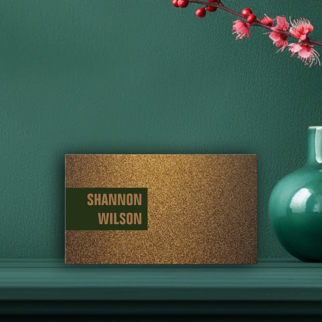 Cartão De Visita Moldura verde-ouro para brilho de cobre moderno (Modern chic copper glitter gold green frame business card)
