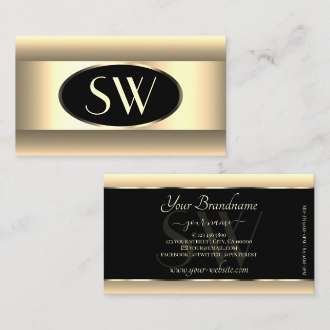 Cartão De Visita Molho negro Monograma Dourado Decor Quadro leve (Frente/Verso)
