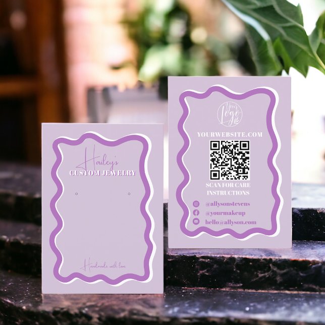 Cartão De Visita Monitor de joias de onda roxa-roxa (Retro purple curve squiggle wavy jewelry display business card)