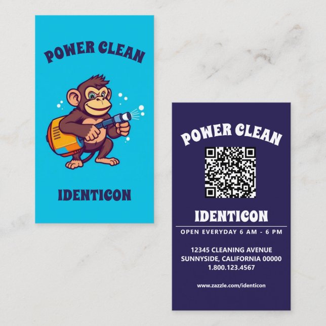 Cartão De Visita Monkey Power Clean with QR code (Frente/Verso)