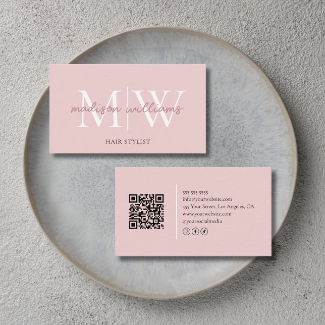 Cartão De Visita Monogram Blush Pink Hair Stylist QR Code (Monogram Blush Pink Hair Stylist QR Code Business Card)