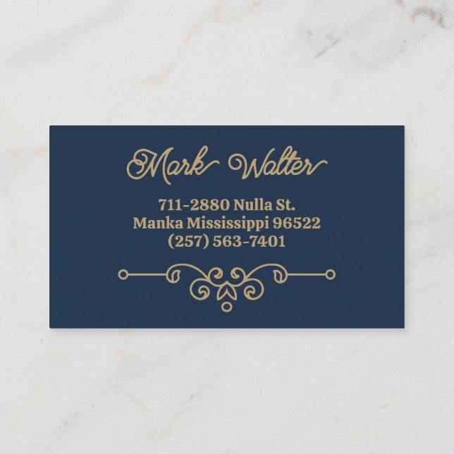 Cartão De Visita Monograma Azul Elegante Elegante Dourado, Marinho  (Verso)