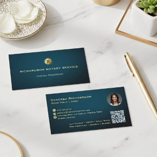 Cartão De Visita Monograma Azul Escuro e Dourado Foto QR de Notário