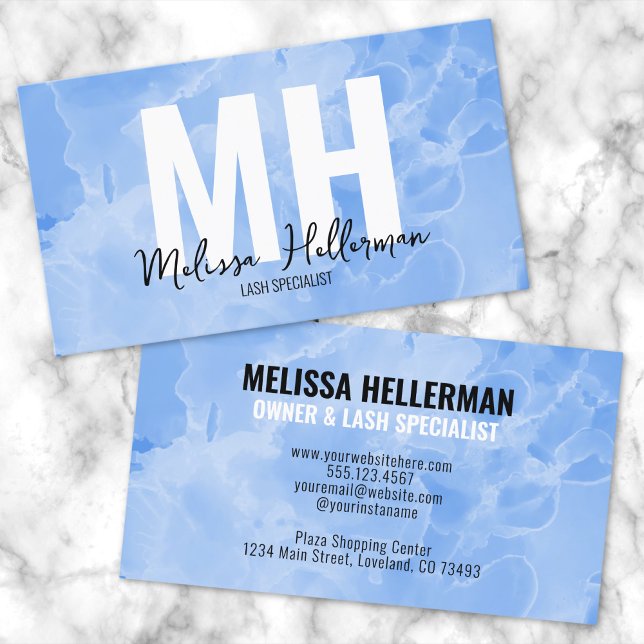 Cartão De Visita Monograma Azul Mínimo Moderno Profissional (Chic Modern Minimal Blue Watercolor Monogram Business Card)