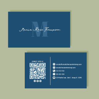 Cartão De Visita Monograma Azul Moderno Profissional Código QR