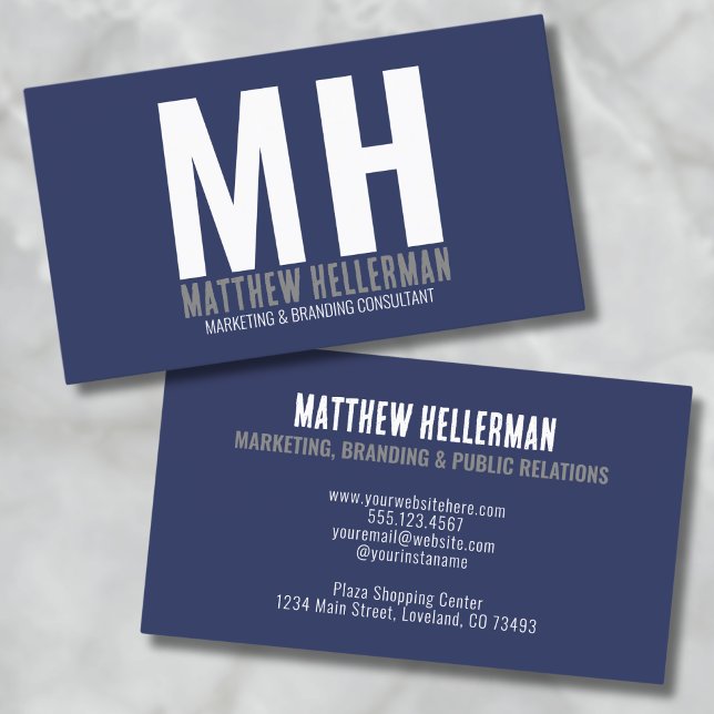 Cartão De Visita Monograma Azul Simples de Marinho Profissional (Navy Blue Simple Professional Monogram Business Card)