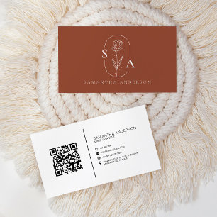 Cartão De Visita Monograma Boho Terracota Código QR Moderno