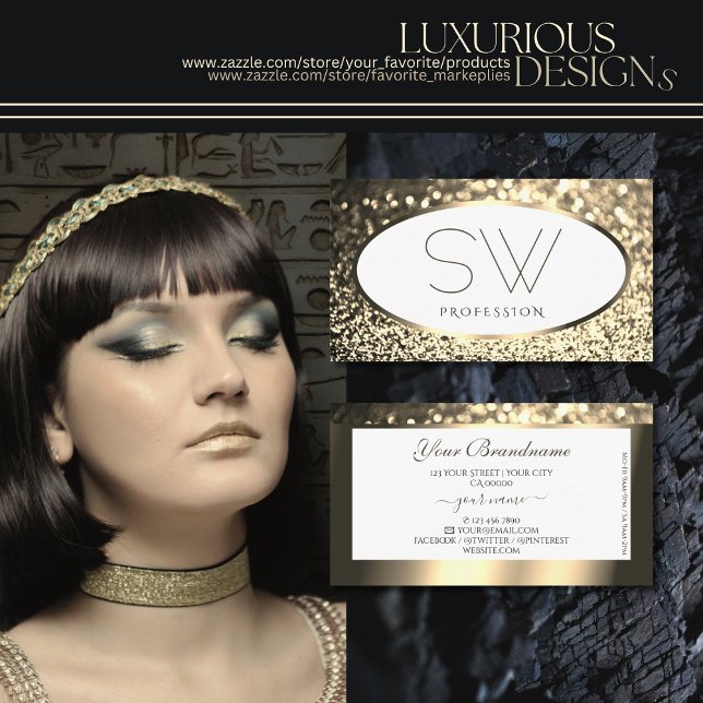 Cartão De Visita Monograma branco brilhante e Dourado com brilho (Criador carregado)