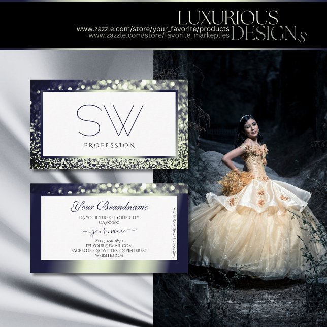 Cartão De Visita Monograma Branco de Ombre de Prata Azul Elegância (Criador carregado)