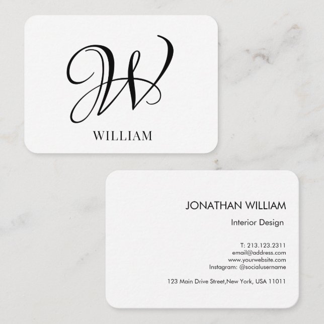 Cartão De Visita Monograma Branco Personalizado Inicial (Frente/Verso)