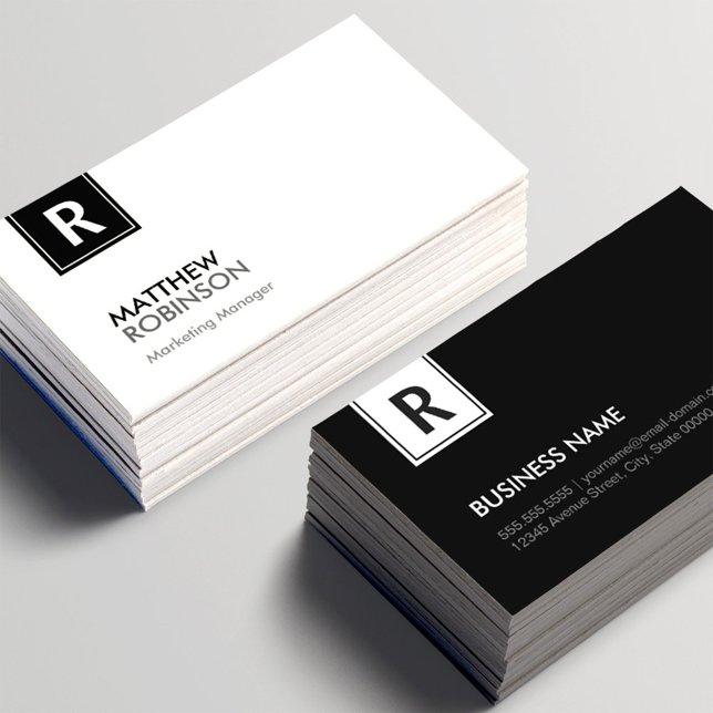 Cartão De Visita Monograma branco preto e branco limpo (Criador carregado)