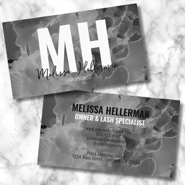 Cartão De Visita Monograma branco preto-legante moderno (Chic Elegant Black Whit Marble Watercolor Monogram Business Card )