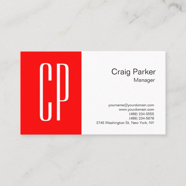 Cartão De Visita Monograma Branco Vermelho Moderno Profissional (Frente)