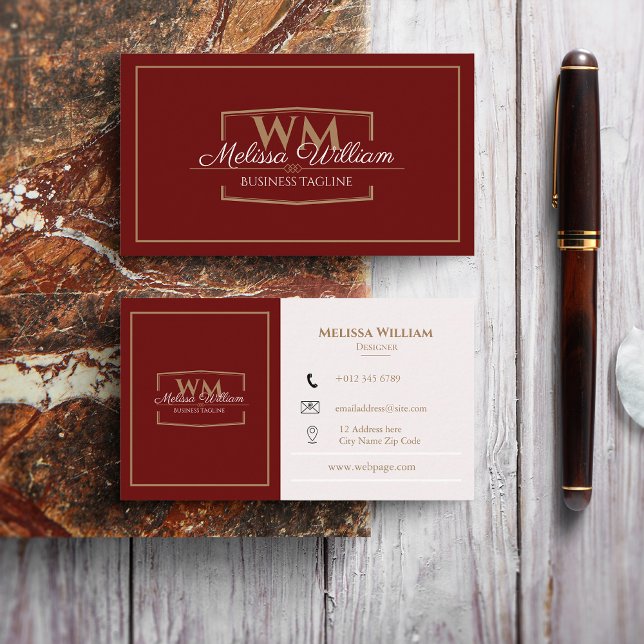 Cartão De Visita Monograma branco vermelho simples (Criador carregado)