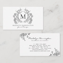 Cartão De Visita Monograma Clássico de Pó Floral Branco e Preto