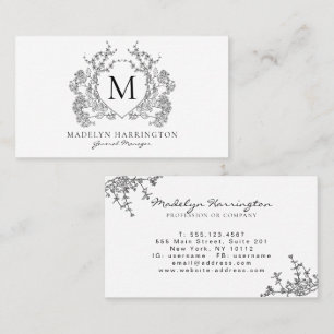 Cartão De Visita Monograma Clássico de Pó Floral Branco e Preto