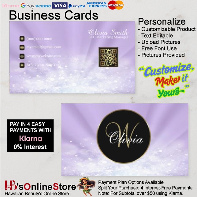 Cartão De Visita Monograma Código QR Roxo Elegante com Brilho (Monogram Elegant Glitter Purple QR Code Business Card 39.
)