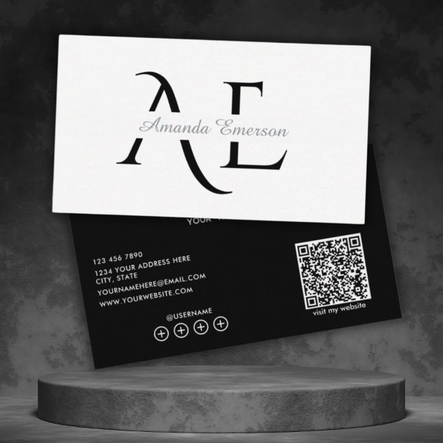 Cartão De Visita  Monograma Código Qr Simples Preto E Branco  (Criador carregado)