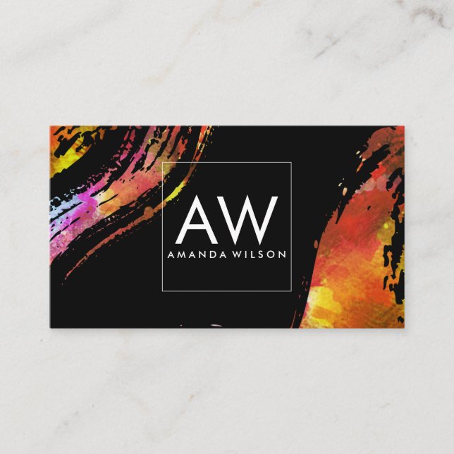 Cartão De Visita Monograma Cor de Água Pincel Traço Fundo Preto (Frente)