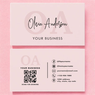 Cartão De Visita Monograma Cor-de-rosa-rosa QR Código moderno Minim