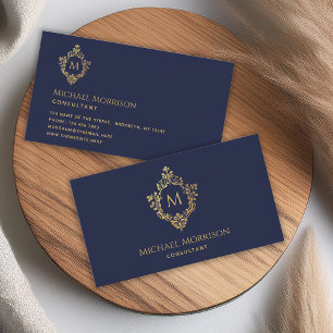 Cartão De Visita Monograma Crista Vintage Elegante Azul Marinho Dou