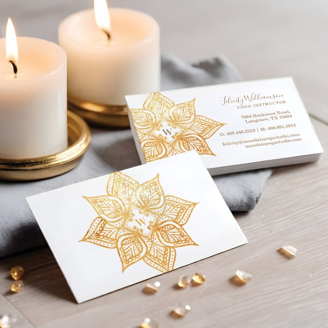 Cartão De Visita Monograma da Flor Dourada Mandala Lotus (Gold Mandala Lotus Flower Monogram Business Card)