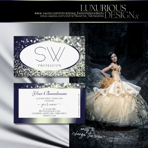 Cartão De Visita Monograma da na moda White Blue Silver Sparkle Gli