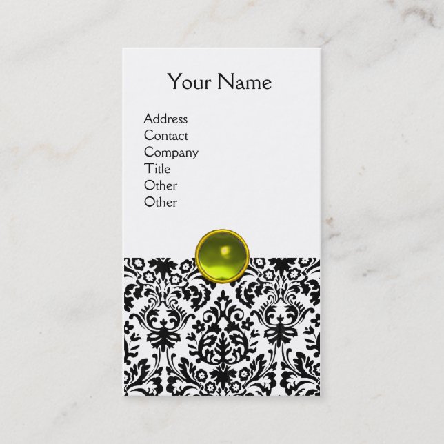 Cartão De Visita MONOGRAMA DAMASK gem amarelo branco (Frente)
