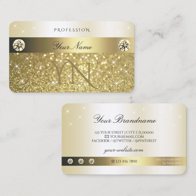Cartão De Visita Monograma das estrelas cintilantes Douradas luxuos (Frente/Verso)