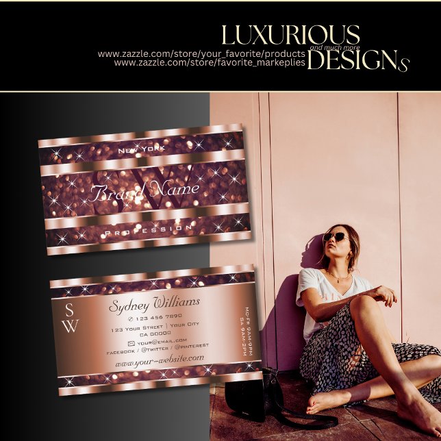 Cartão De Visita Monograma das estrelas de brilho Dourado do Rosa d (Criador carregado)