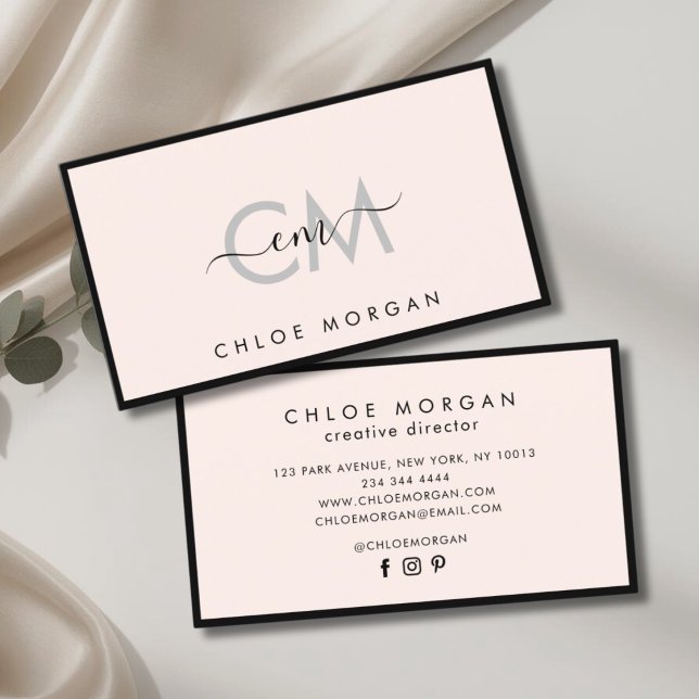 Cartão De Visita Monograma de assinatura de rosa claro preta modern (Criador carregado)