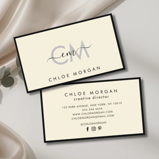 Cartão De Visita Monograma de assinatura do script de marfim preto  (Criador carregado)