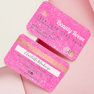 Cartão De Visita Monograma de beleza com brilho de néon rosa com c