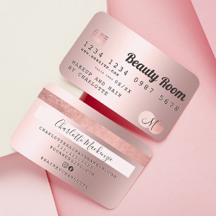 Cartão De Visita Monograma de beleza metálica rosa de ouro de cart