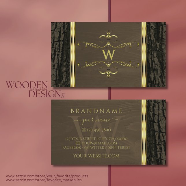 Cartão De Visita Monograma de Borda Dourada do Latido de Árvore Cas (Criador carregado)