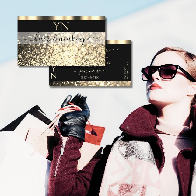 Cartão De Visita Monograma de brilho Dourado e negro de luxo (Criador carregado)