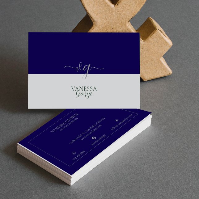 Cartão De Visita Monograma de Cinzas Azul Cuta Moderna Elegante Per (Modern Elegant Cute Blue Grey Monogram Custom Business Card)