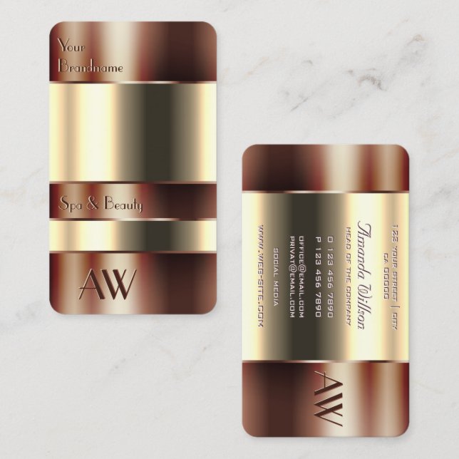 Cartão De Visita Monograma de cobertura de cobre com líquido bege (Frente/Verso)