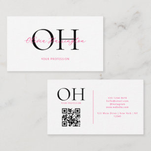 Cartão De Visita Monograma de Código QR de Script Branco e Rosa Mod