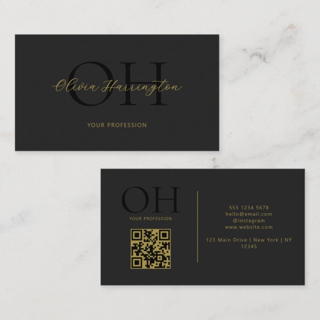 Cartão De Visita Monograma de Código QR de Script Dourado e Preto M (Frente/Verso)