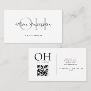 Cartão De Visita Monograma de Código QR de Script Preto Branco Mode