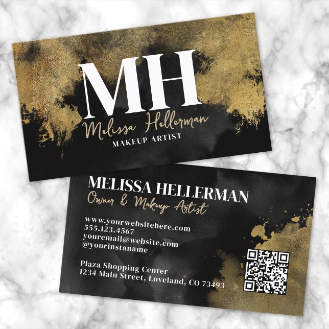 Cartão De Visita Monograma de Código QR Dourado Preto (Black Gold QR Code Monogram Business Card)