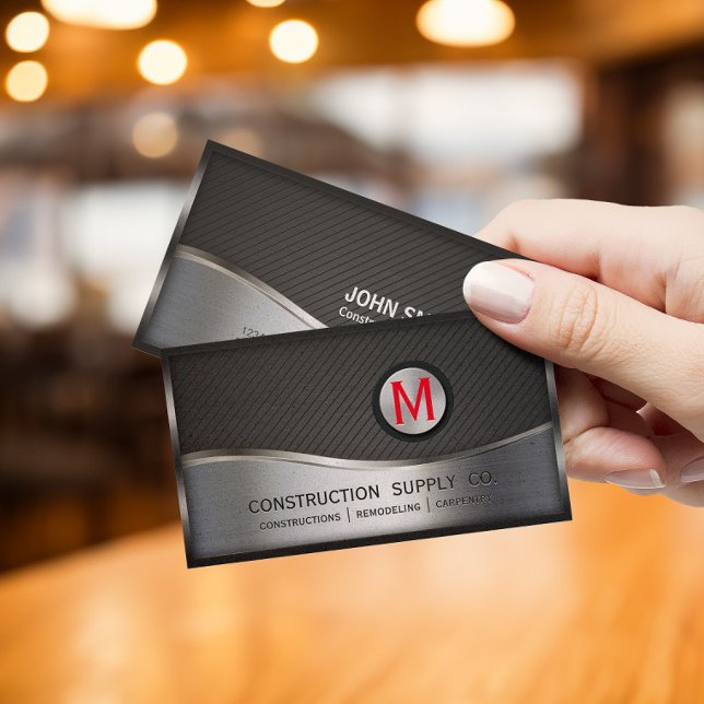 Cartão De Visita Monograma de construção LOGO Preto e Silver Metal (Criador carregado)