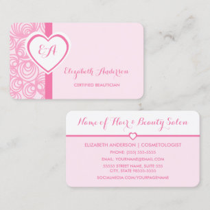Cartão De Visita Monograma de Coração Rosa Girly, Beleza Certificad