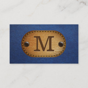 Cartão De Visita Monograma de Couro Couro Azul e Patch